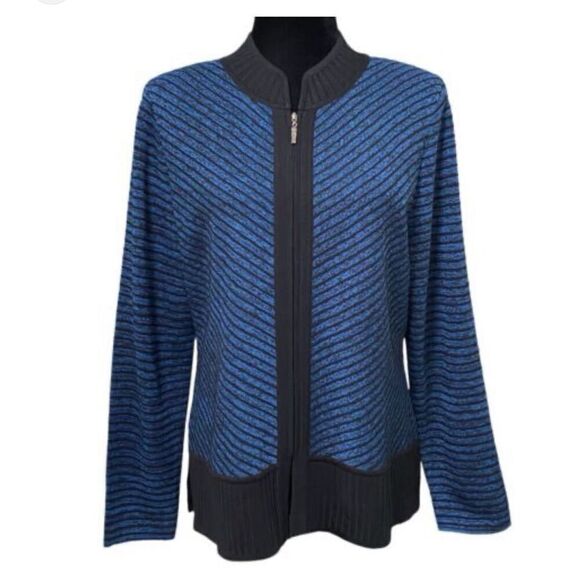 Misook Sweaters - Exclusively Misook Petite black & blue striped acrylic knit zip front cardigan G